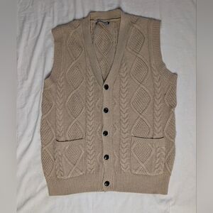 PJ Paul Jones Tan Cable Knit Button Front Sweater Vest Preppy Sz. L